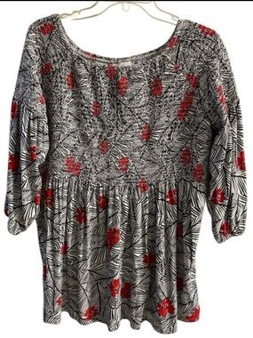 J. Jill Black & White Tunic blouse with Red Floral Accents Large